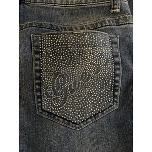 VTG Y2K Guess Jeans Women Low Rise Flare‎ Size 30 LT Wash Rhinestone Logo Pocket